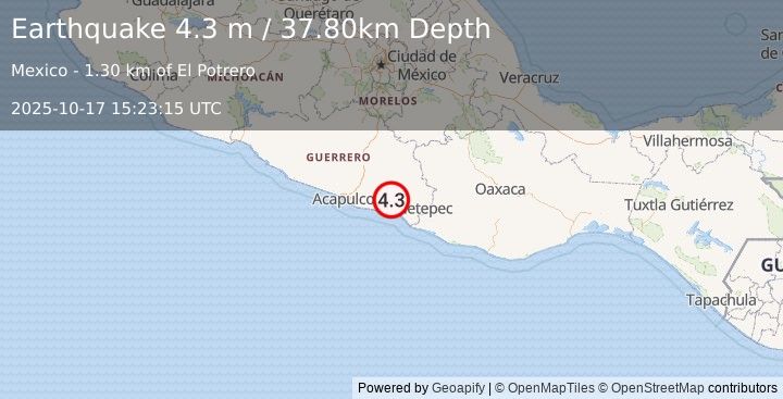 Earthquake GUERRERO, MEXICO (4.3 m) (2025-10-17 15:23:15 UTC)