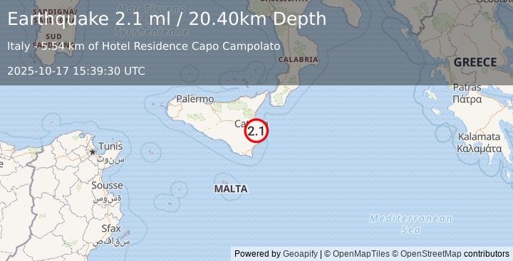 Earthquake SICILY, ITALY (2.1 ml) (2025-10-17 15:39:30 UTC)
