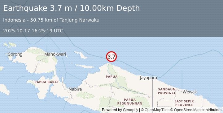 Earthquake NEAR N COAST OF PAPUA, INDONESIA (3.7 m) (2025-10-17 16:25:19 UTC)