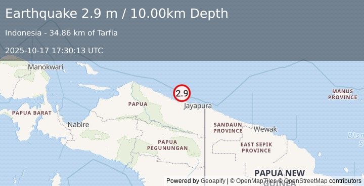 Earthquake NEAR N COAST OF PAPUA, INDONESIA (2.9 m) (2025-10-17 17:30:13 UTC)