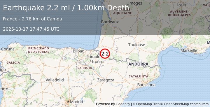Earthquake PYRENEES (2.3 ml) (2025-10-17 17:47:43 UTC)