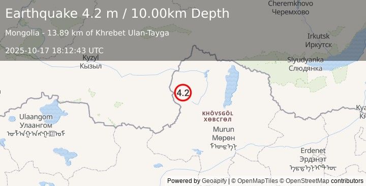 Earthquake RUSSIA-MONGOLIA BORDER REGION (4.2 m) (2025-10-17 18:12:43 UTC)
