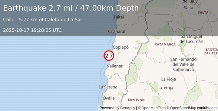 Earthquake OFFSHORE ATACAMA, CHILE (2.7 ml) (2025-10-17 19:28:05 UTC)