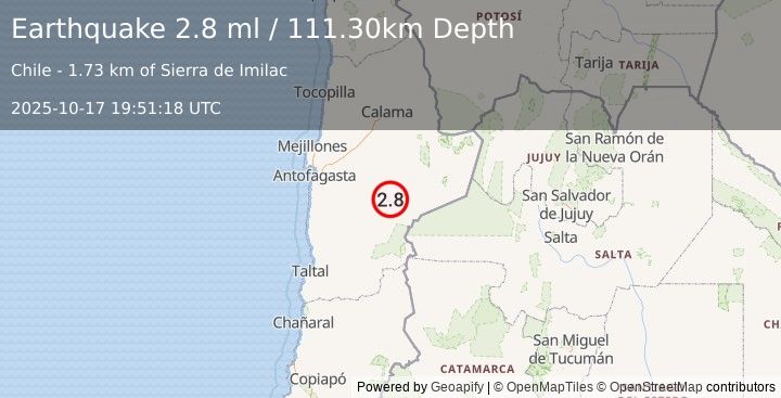 Earthquake ANTOFAGASTA, CHILE (2.8 ml) (2025-10-17 19:51:18 UTC)