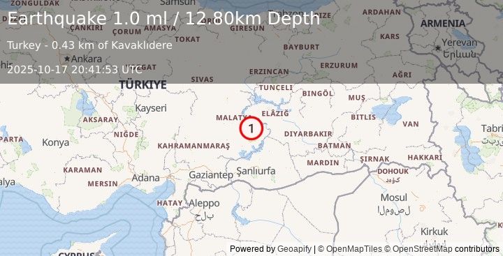 Earthquake EASTERN TURKEY (1.0 ml) (2025-10-17 20:41:53 UTC)