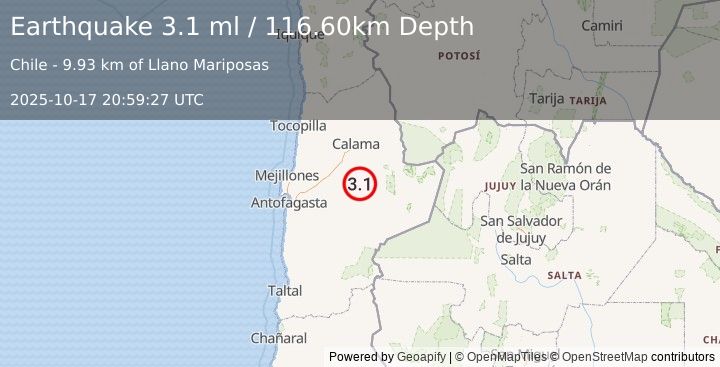 Earthquake ANTOFAGASTA, CHILE (3.1 ml) (2025-10-17 20:59:27 UTC)