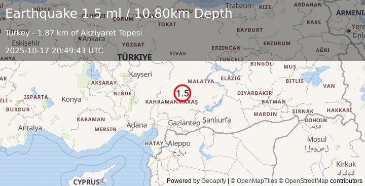 Earthquake CENTRAL TURKEY (1.5 ml) (2025-10-17 20:49:43 UTC)