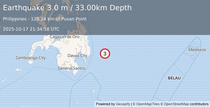 Earthquake PHILIPPINE ISLANDS REGION (3.2 m) (2025-10-17 21:35:01 UTC)