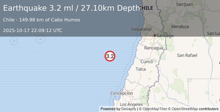 Earthquake OFF COAST OF O'HIGGINS, CHILE (3.2 ml) (2025-10-17 22:09:12 UTC)