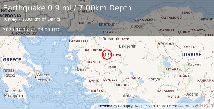 Earthquake WESTERN TURKEY (0.9 ml) (2025-10-17 22:03:05 UTC)