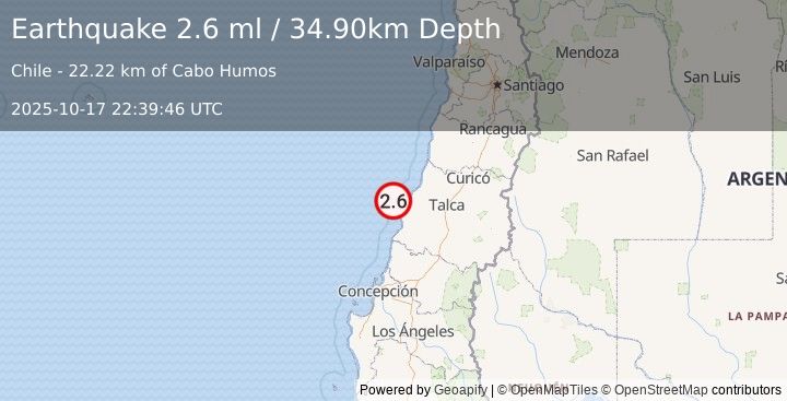 Earthquake OFFSHORE MAULE, CHILE (2.6 ml) (2025-10-17 22:39:46 UTC)