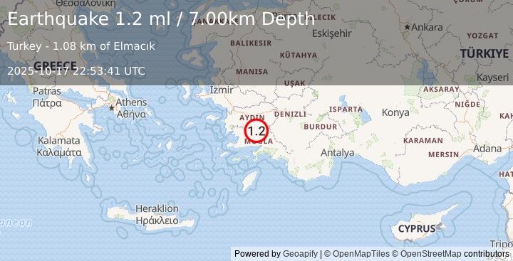 Earthquake WESTERN TURKEY (1.2 ml) (2025-10-17 22:53:41 UTC)