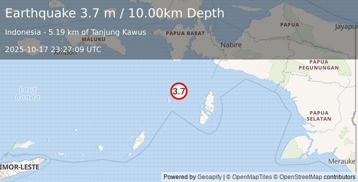 Earthquake KEPULAUAN KAI, INDONESIA (3.7 m) (2025-10-17 23:27:09 UTC)