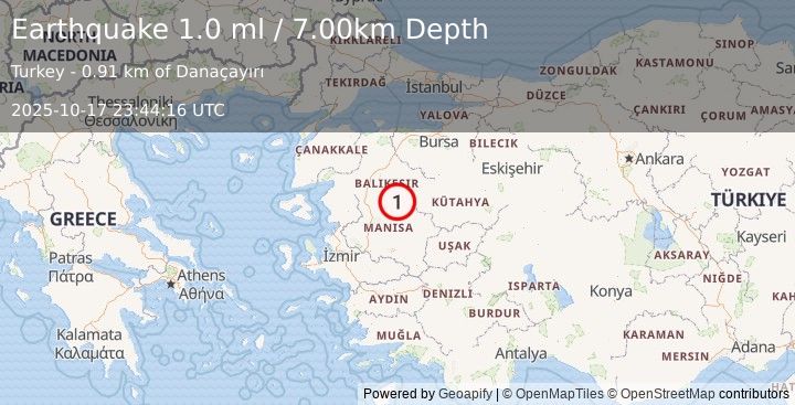 Earthquake WESTERN TURKEY (1.0 ml) (2025-10-17 23:44:16 UTC)
