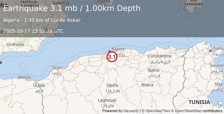Earthquake NORTHERN ALGERIA (3.1 mb) (2025-10-17 23:52:38 UTC)
