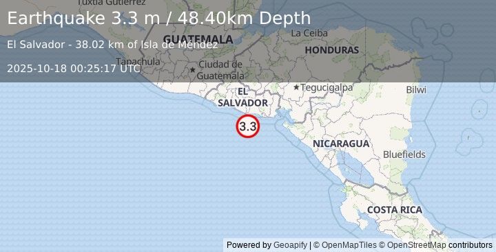 Earthquake OFFSHORE EL SALVADOR (3.3 m) (2025-10-18 00:25:17 UTC)
