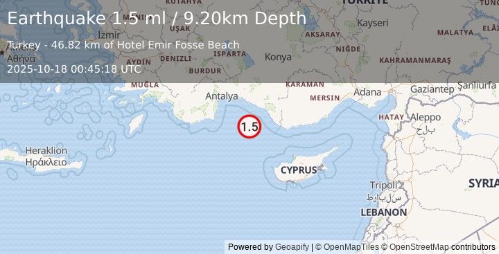 Earthquake WESTERN TURKEY (1.5 ml) (2025-10-18 00:45:18 UTC)