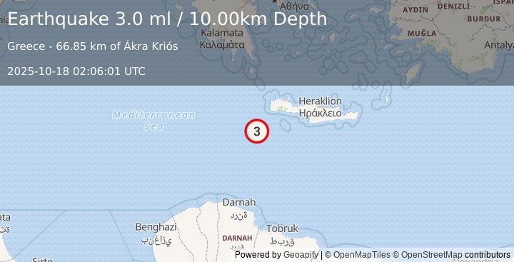 Earthquake CRETE, GREECE (2.5 ml) (2025-10-18 02:06:05 UTC)
