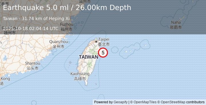 Earthquake TAIWAN REGION (5.0 ml) (2025-10-18 02:04:14 UTC)