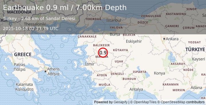 Earthquake WESTERN TURKEY (0.9 ml) (2025-10-18 02:23:39 UTC)