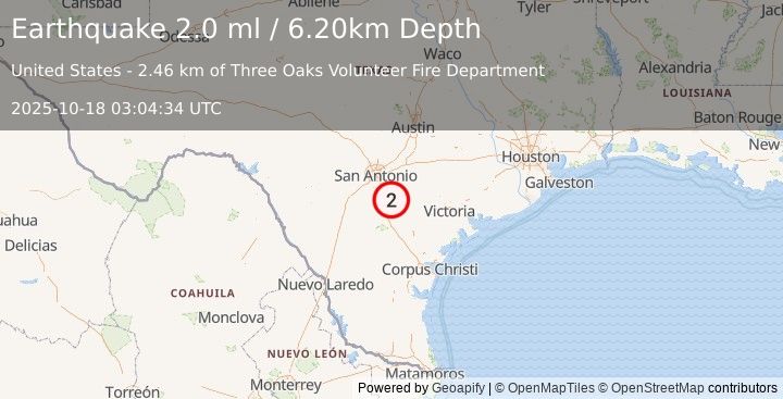 Earthquake SOUTHERN TEXAS (2.0 ml) (2025-10-18 03:04:34 UTC)