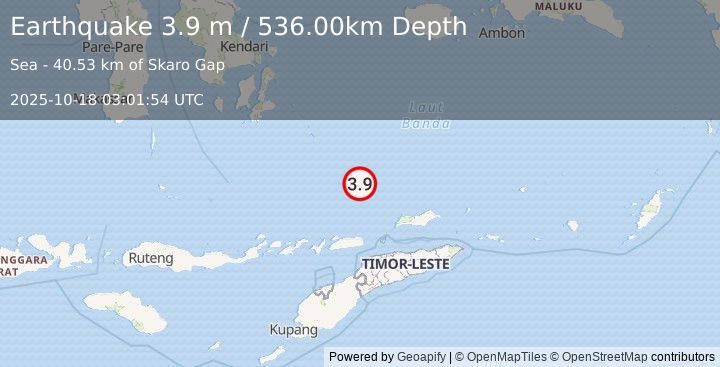 Earthquake KEPULAUAN BARAT DAYA, INDONESIA (3.9 m) (2025-10-18 03:01:54 UTC)