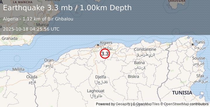 Earthquake NORTHERN ALGERIA (3.3 mb) (2025-10-18 04:25:56 UTC)