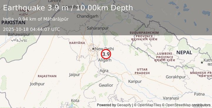 Earthquake UTTAR PRADESH, INDIA (3.9 m) (2025-10-18 04:44:07 UTC)