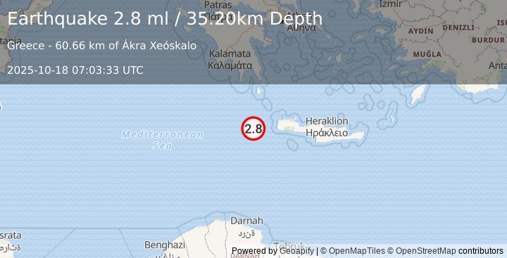 Earthquake CENTRAL MEDITERRANEAN SEA (2.8 ml) (2025-10-18 07:03:33 UTC)