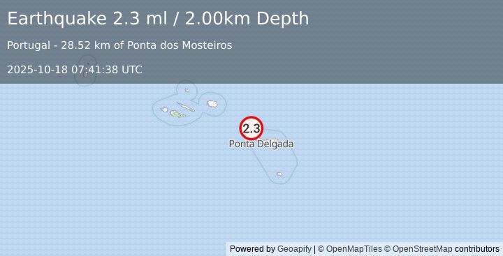 Earthquake AZORES ISLANDS, PORTUGAL (2.3 ml) (2025-10-18 07:41:38 UTC)