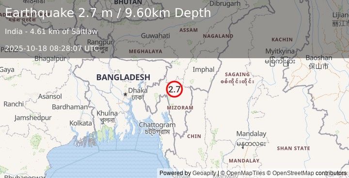 Earthquake MYANMAR-INDIA BORDER REGION (3.6 m) (2025-10-18 08:27:54 UTC)