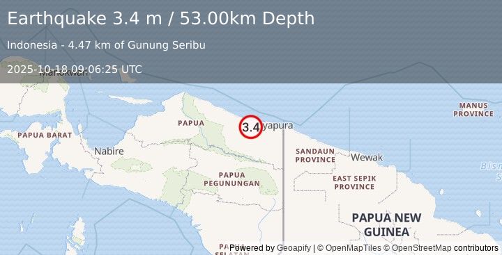 Earthquake NEAR N COAST OF PAPUA, INDONESIA (3.4 m) (2025-10-18 09:06:25 UTC)
