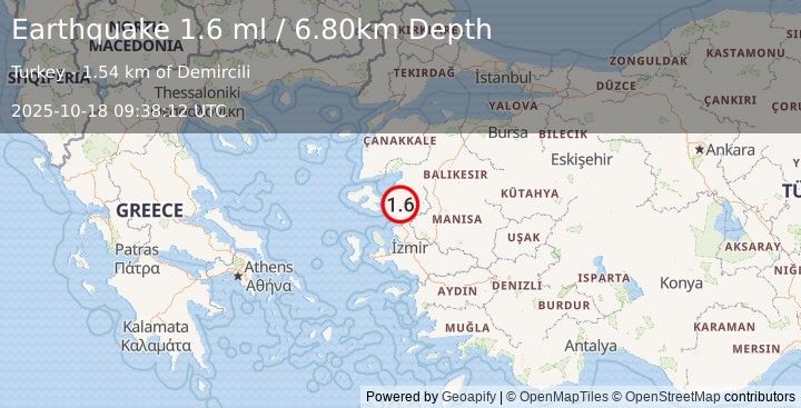 Earthquake NEAR THE COAST OF WESTERN TURKEY (1.6 ml) (2025-10-18 09:38:12 UTC)