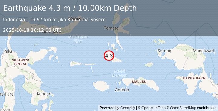 Earthquake KEPULAUAN OBI, INDONESIA (4.3 m) (2025-10-18 10:12:08 UTC)