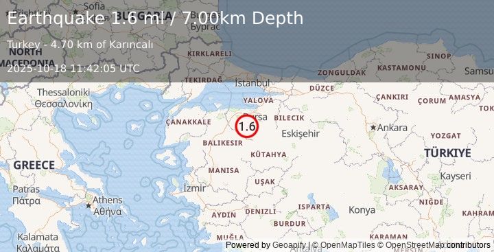 Earthquake WESTERN TURKEY (1.6 ml) (2025-10-18 11:42:05 UTC)