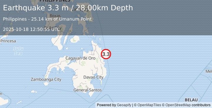 Earthquake MINDANAO, PHILIPPINES (3.3 m) (2025-10-18 12:50:55 UTC)