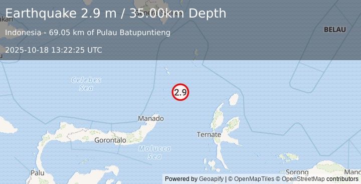 Earthquake MOLUCCA SEA (2.9 m) (2025-10-18 13:22:25 UTC)