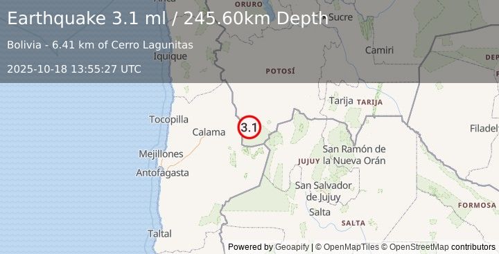 Earthquake POTOSI, BOLIVIA (3.1 ml) (2025-10-18 13:55:27 UTC)