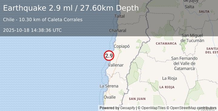 Earthquake OFFSHORE ATACAMA, CHILE (2.9 ml) (2025-10-18 14:38:36 UTC)