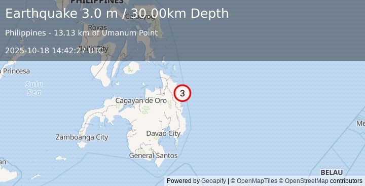 Earthquake MINDANAO, PHILIPPINES (3.0 m) (2025-10-18 14:42:27 UTC)