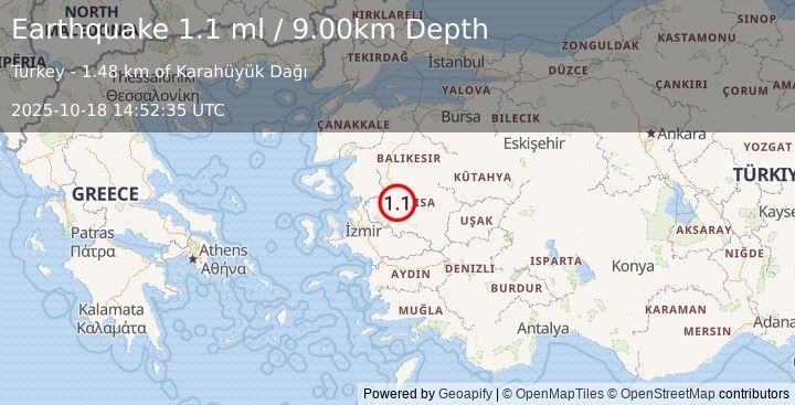 Earthquake WESTERN TURKEY (1.1 ml) (2025-10-18 14:52:35 UTC)