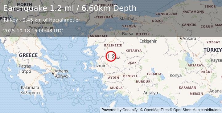 Earthquake WESTERN TURKEY (1.2 ml) (2025-10-18 15:00:48 UTC)