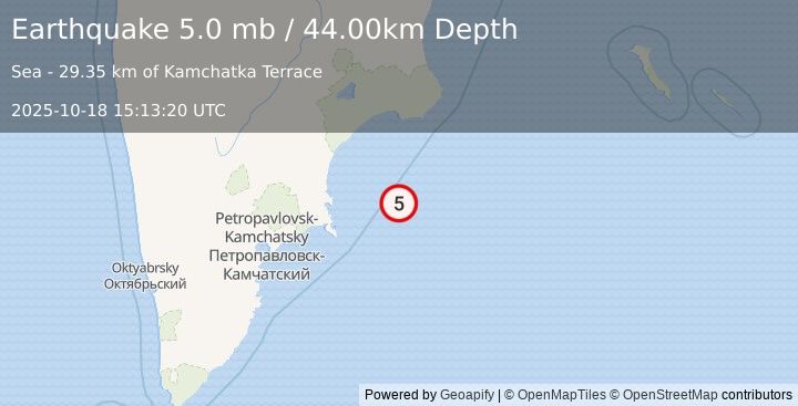 Earthquake OFF EAST COAST OF KAMCHATKA (5.0 mb) (2025-10-18 15:13:19 UTC)