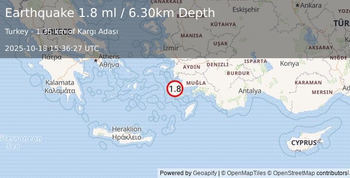 Earthquake DODECANESE IS.-TURKEY BORDER REG (1.8 ml) (2025-10-18 15:36:27 UTC)