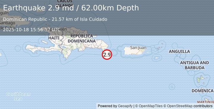Earthquake DOMINICAN REPUBLIC REGION (2.9 md) (2025-10-18 15:56:57 UTC)