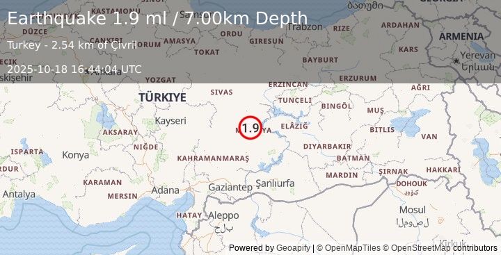 Earthquake EASTERN TURKEY (1.9 ml) (2025-10-18 16:44:04 UTC)
