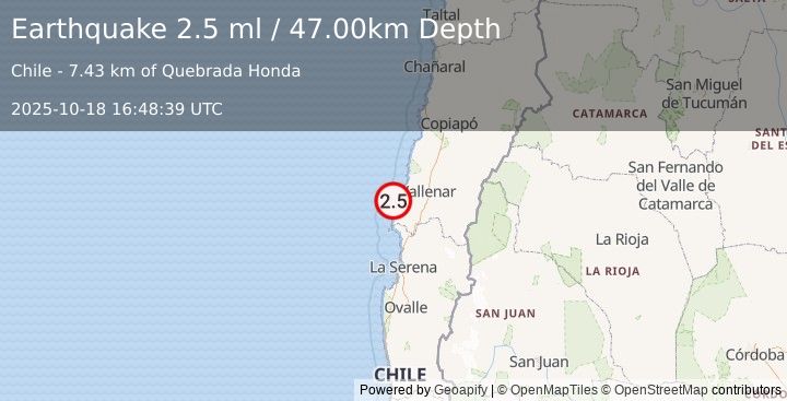 Earthquake OFFSHORE ATACAMA, CHILE (2.5 ml) (2025-10-18 16:48:39 UTC)