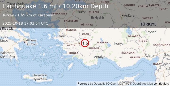 Earthquake WESTERN TURKEY (1.6 ml) (2025-10-18 17:03:54 UTC)