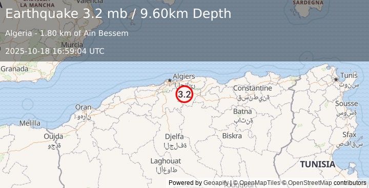 Earthquake NORTHERN ALGERIA (3.2 mb) (2025-10-18 16:59:04 UTC)