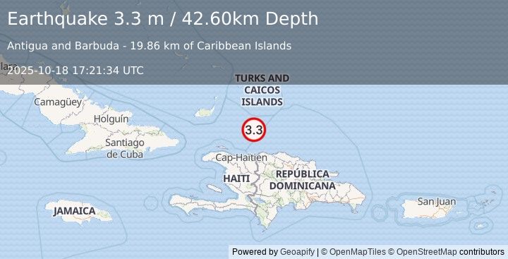 Earthquake DOMINICAN REPUBLIC REGION (3.3 m) (2025-10-18 17:21:34 UTC)